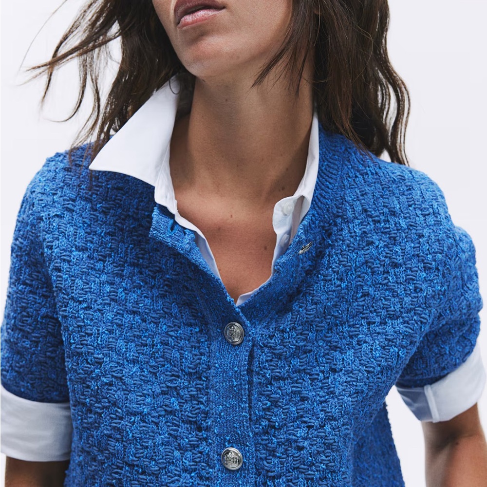 Blue Textured Knit Cardigan - Picture 3 of 6